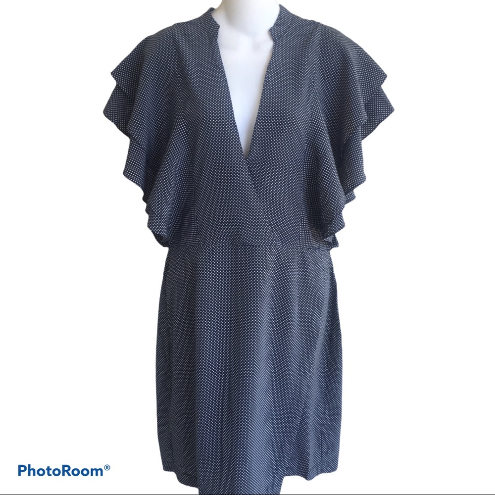 NWT Avec Les Filles Navy White Polka Dot Dress Medium Ruffle Trim Surplice